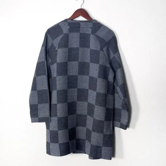 EILEEN FISHER Women’s Coat Gray Check Jacquard Open Front Wool Blend Pockets M - Picture 2 of 12
